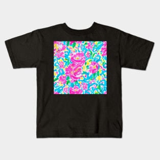 Preppy floral seamless pattern in hot pink, yellow, green and turquoise Kids T-Shirt